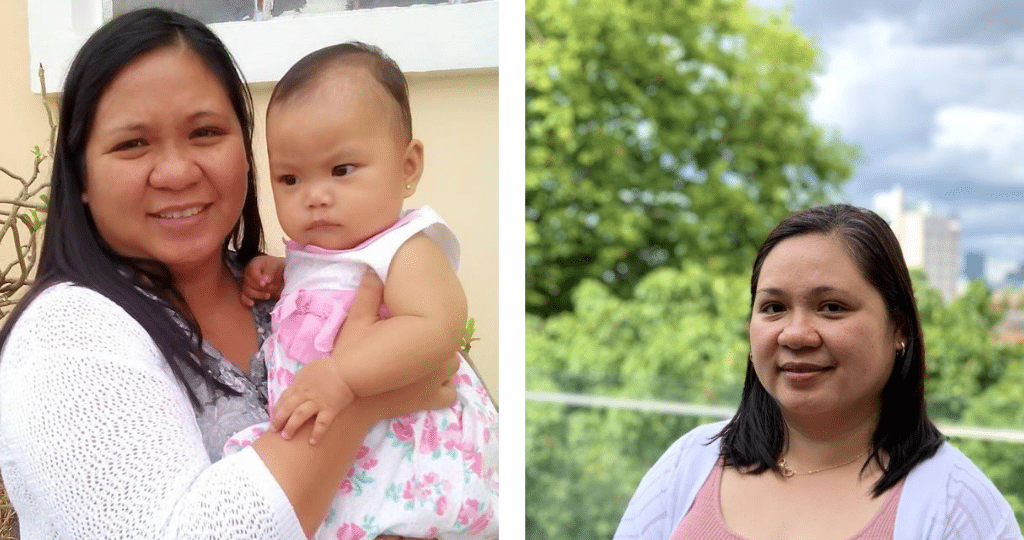 Two photos. On the right is Jenny Abenoja and on the left is Jenny with her one-year-old daughter