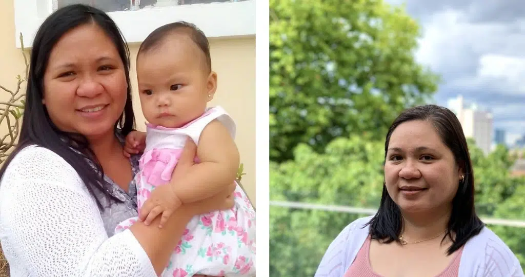 Two photos. On the right is Jenny Abenoja and on the left is Jenny with her one-year-old daughter