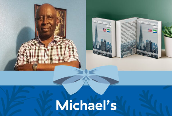 On the left, a portrait of a African dark-skinned , bald male in a chequered pattern shirt. On the right, a mock-up image of three identical books.